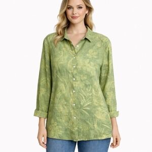 August Max Womans 100% Linen Floral Long Sleeve Button Up Top Size 1X Tropical